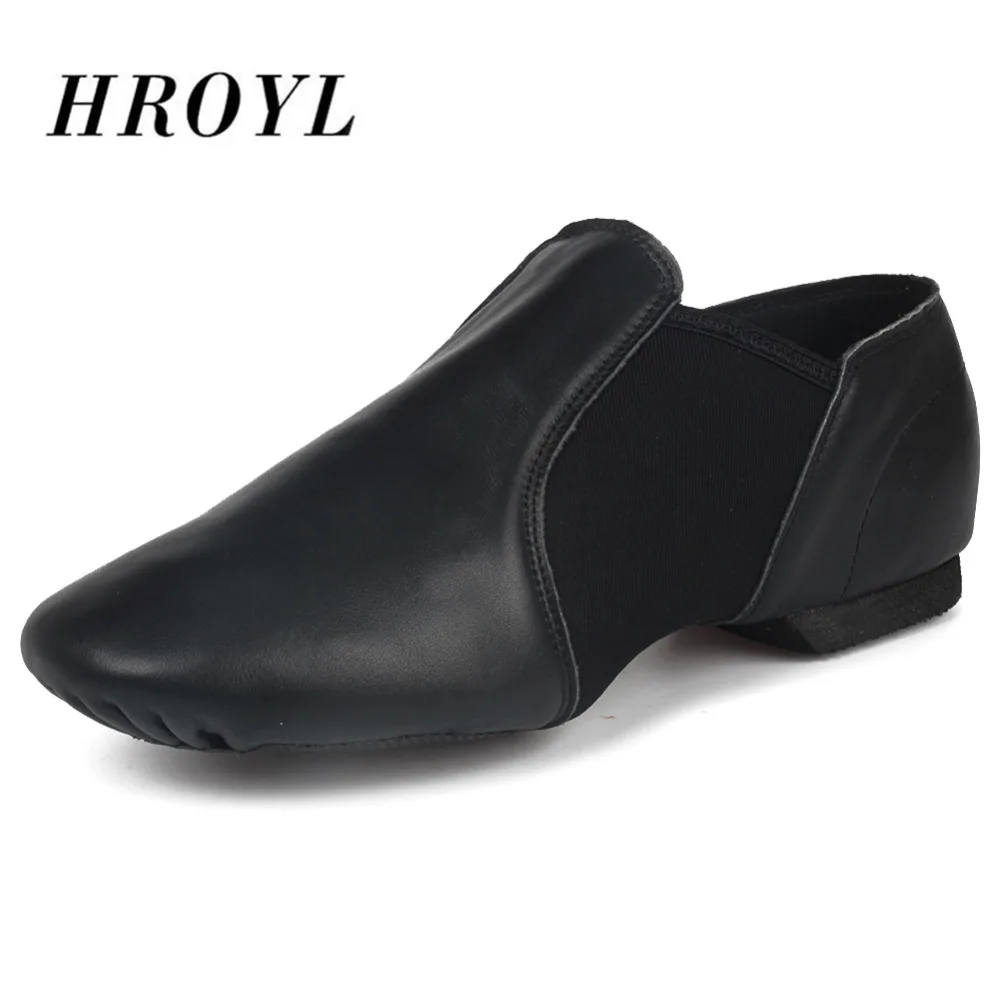 

HROYL Jazz Dance Shoes For Men And Women Soft Genuine Leather Slip On Dancing Sneakers Flat Shoes Black/Tan Standard Dance Shoe