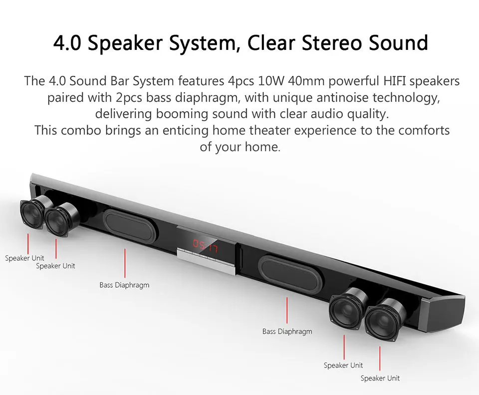 SR100 40 Вт Саундбар Bluetooth динамик домашний кинотеатр тв 3D стерео Aux-In коаксиальный Оптический сабвуфер динамик s для ТВ ПК телефона