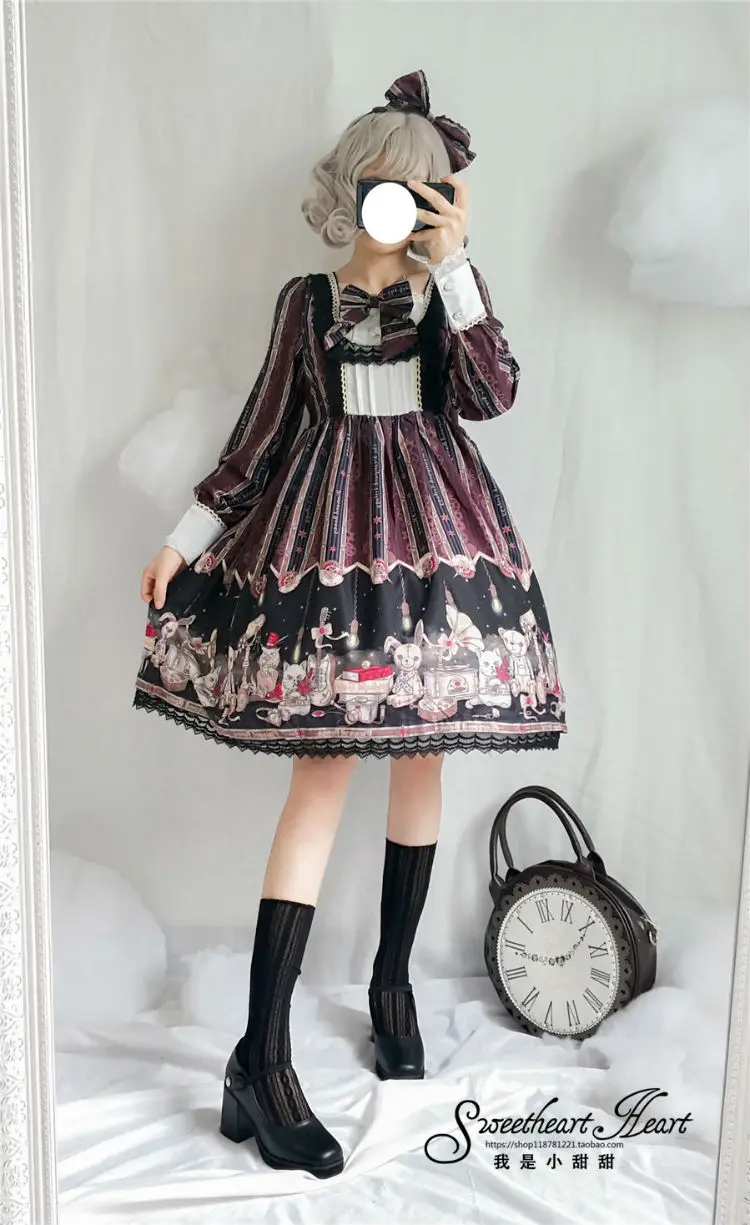 Японский платье лолиты, в готическом стиле, милые Kawaii для девочек длинный рукав бант с милым рисунком в виде медведя из мультфильма платье в стиле "Лолита" Высокая Талия