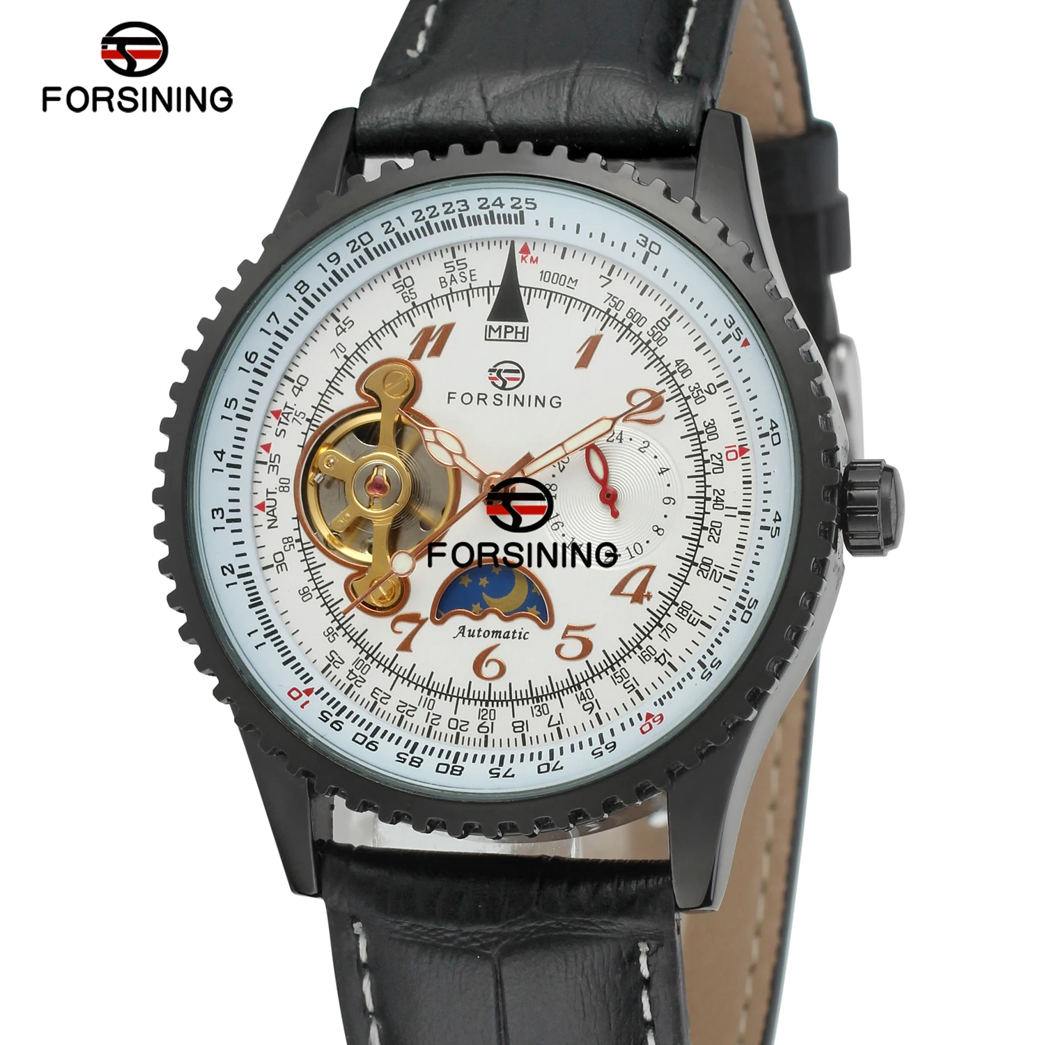 FORSINING Top Brand Men Automatic Mechanical Watch Man Leather Strap 24-hours Hands Sub-dial Moon Sun Display Royal WristWatches