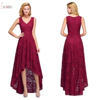 2019 burgundy lace long bridesmaid dresses v neck high low sleeveless wedding party gown