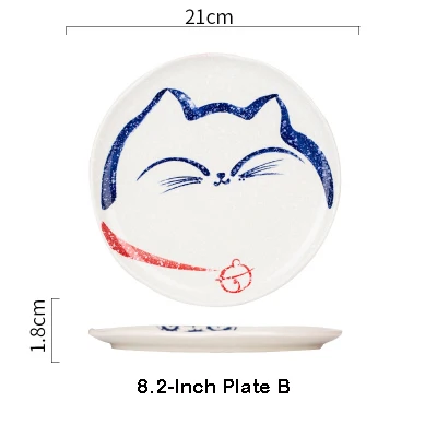 EECAMAIL в японском стиле Lucky Cat керамическая посуда для дома милые чаши для риса и супа миска для лапши миска для рыбы детская симпатичная тарелка - Цвет: 8.2-Inch plate B