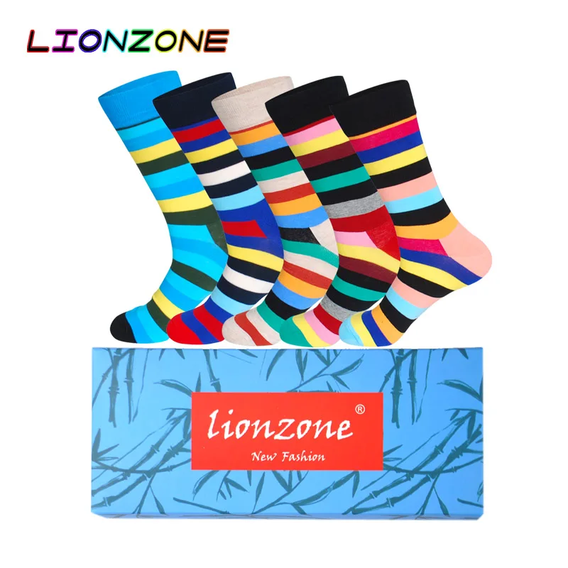 LIONZONE 5 пар/лот мужские цветные полосатые носки самый последний дизайн популярные