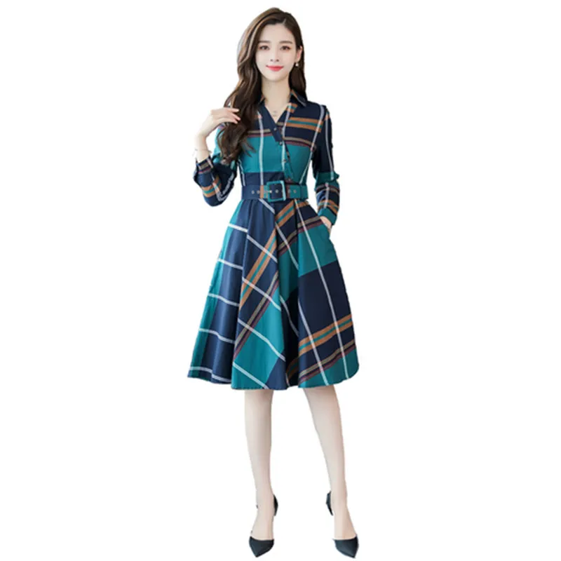 Элегантное клетчатое платье с поясом для женщин 2019 летнее Повседневное рубашка
