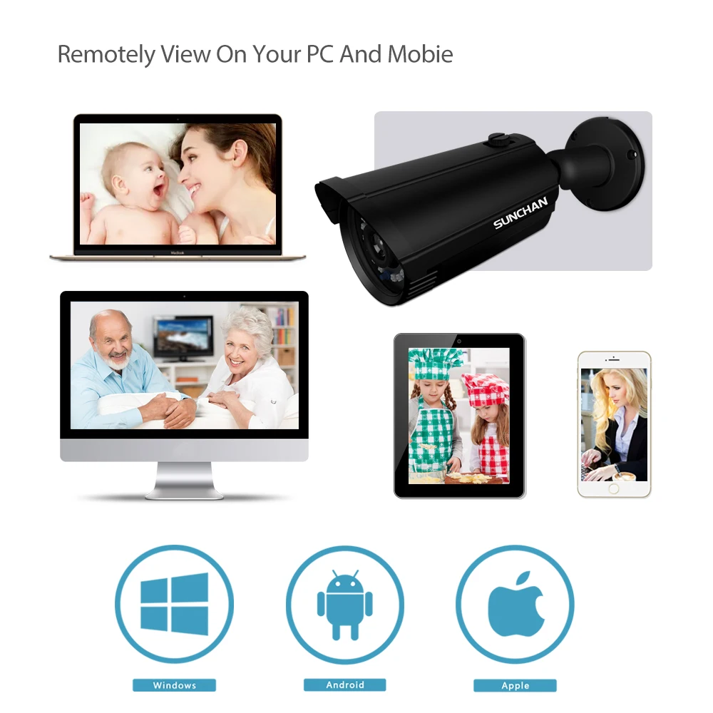 SUNCHAN 4CH AHD 1080P Система безопасности камеры 4*2.0MP 1920TVL Камеры для помещений / на открытом воздухе с защитой от погоды Видео включено.