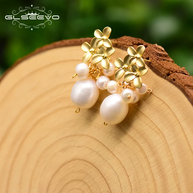 GLSEEVO Original Fresh Water Pearl Three Flower Custer Drop Earrings For Women Wedding Engagement Fine Jewelry Oorbellen GE0771