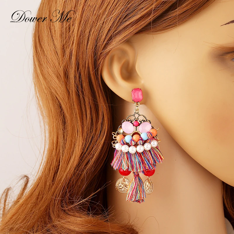 Dower Me разноцветные кисточка Серьги Винтаж Boho Перл бисером Длинные висячие серьги