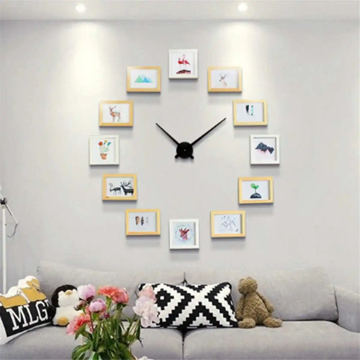 white 12 фоторамок DIY настенные часы современный дизайн деревянная фоторамка часы в скандинавском стиле художественные часы с фотографиями часы домашний декор - Цвет: white