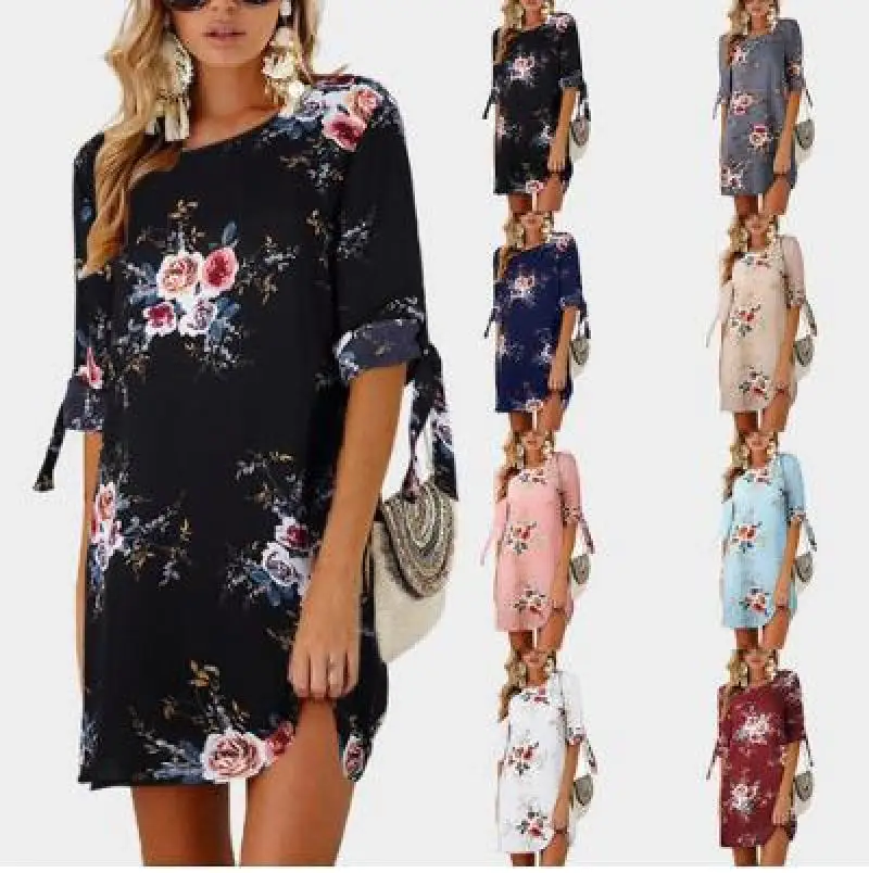 

Half Sleeve Summer Dress Boho Floral Print Chiffon Plus Size Short Beach Gowns