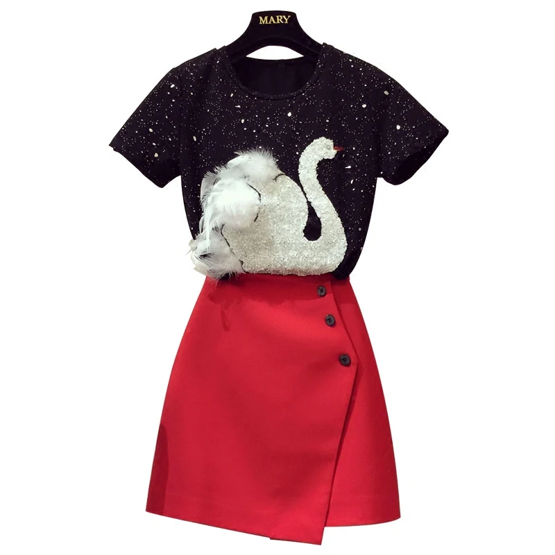 2019 Новая модная летняя женская футболка с вышивкой в виде лебедя топ + юбка