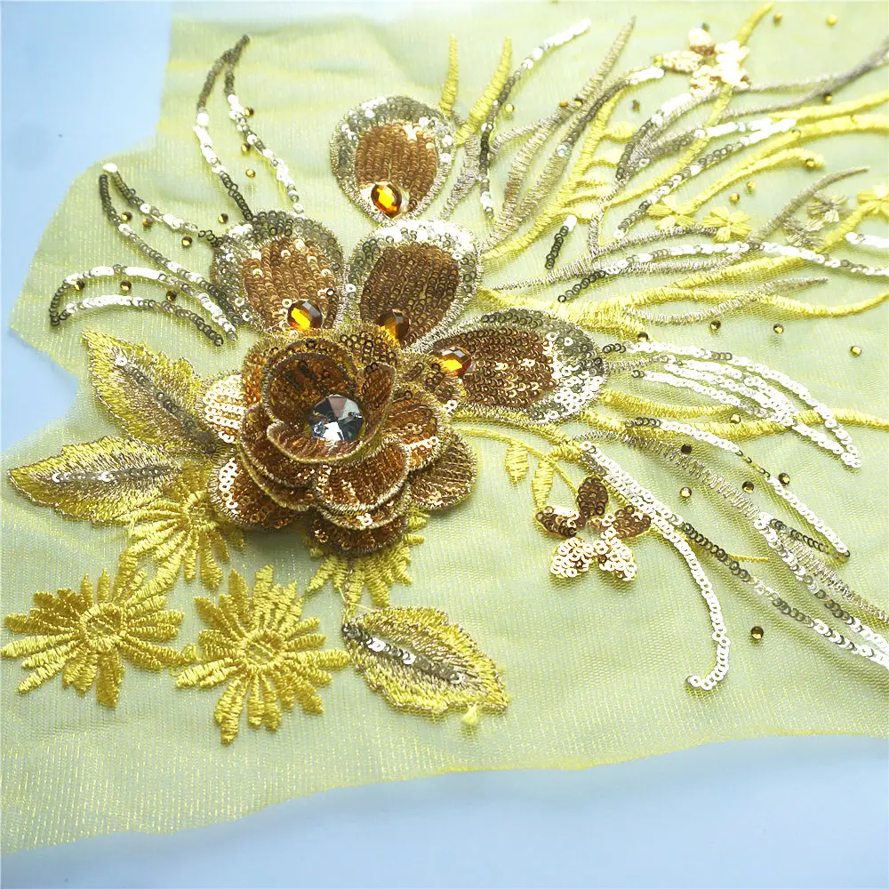 Желтое золото блестки 3D цветы кисточка кружевная отделка стразы сетка шитые