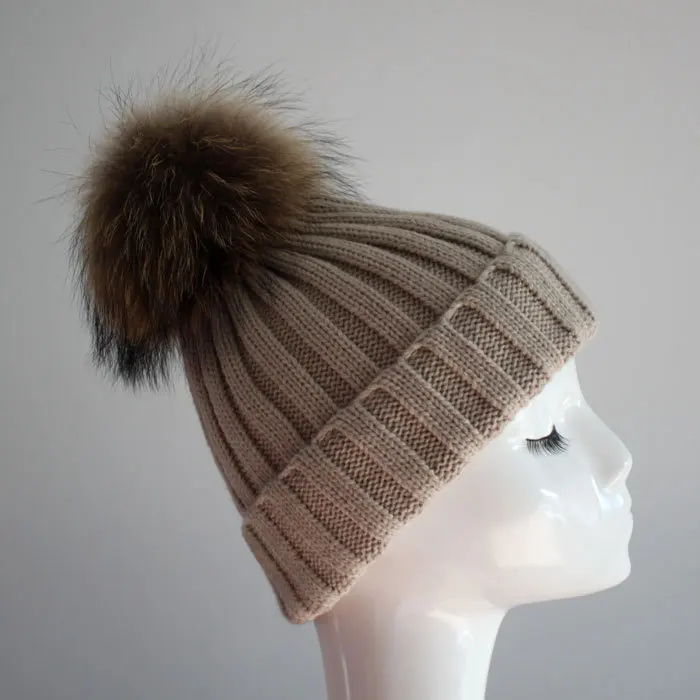 Зимой beanie связанный шлем меха образный колпачок для женщин и теплые зимние человек трикотажные шапочки ёенщин крышки и меховой шапке - Цвет: beige