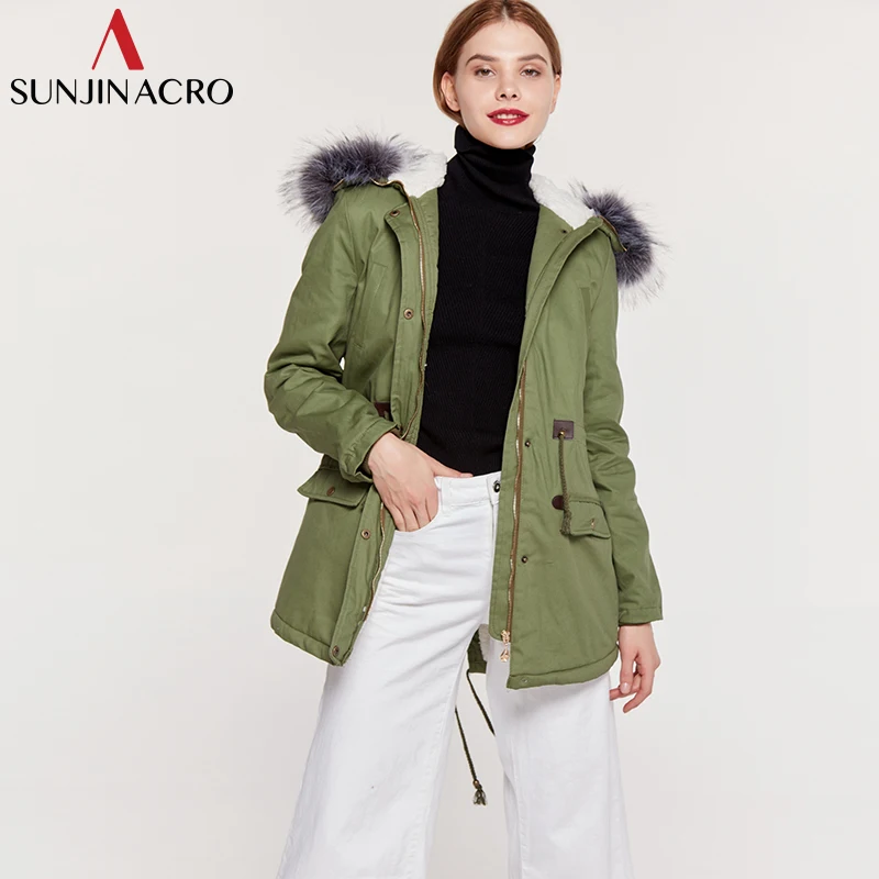 SUNJINACRO Парка женская зимняя куртка утепленная хлопковая верхняя одежда с