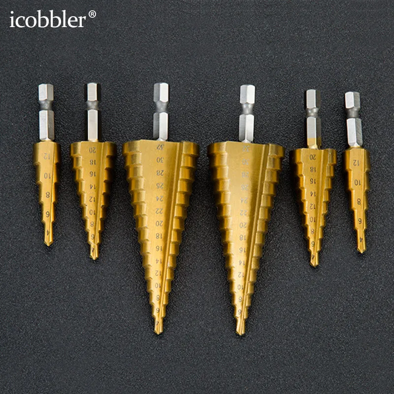 Набор титановых ступенчатых сверл, 7 размеров, с автоматическим круглым дыроколом по центру, Высокоскоростная сталь, 4241 Шестигранная ручка, 1/4 