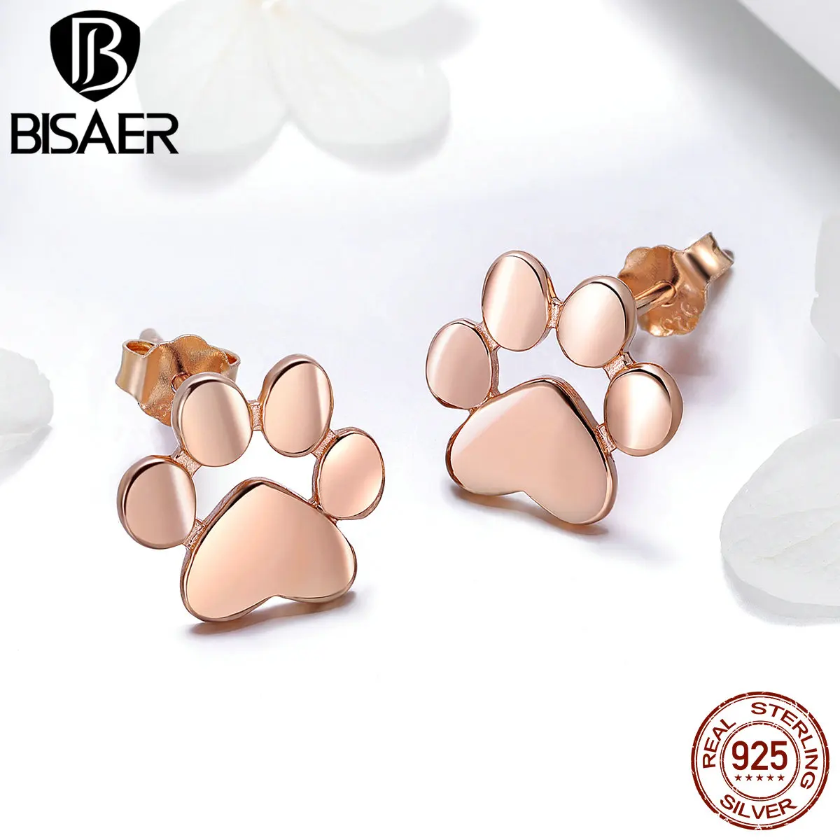 BISAER, 3 цвета, 925 пробы, серебряные серьги "отпечатки пальцев", собачья Лапка, маленькие серьги-гвоздики для женщин, модные серьги, ювелирное изделие