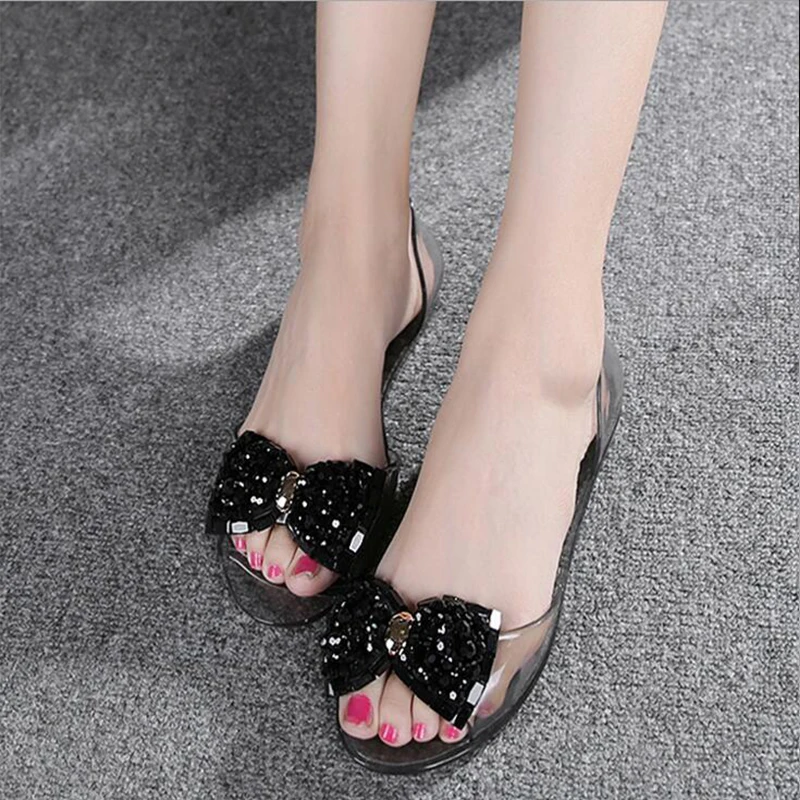 Women Peep Toe Shoes 2017 New Solid Bling Bowtie Jelly Female Slip-On Cover Heel Transparent Sandals XC07 | Обувь