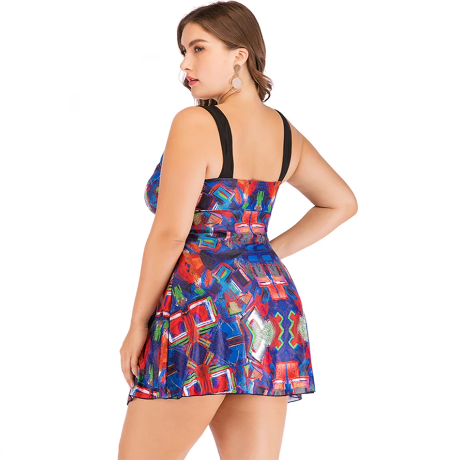 Женский слитный купальник с принтом и юбкой размеры L ~ 5XL|Комбинезоны| |
