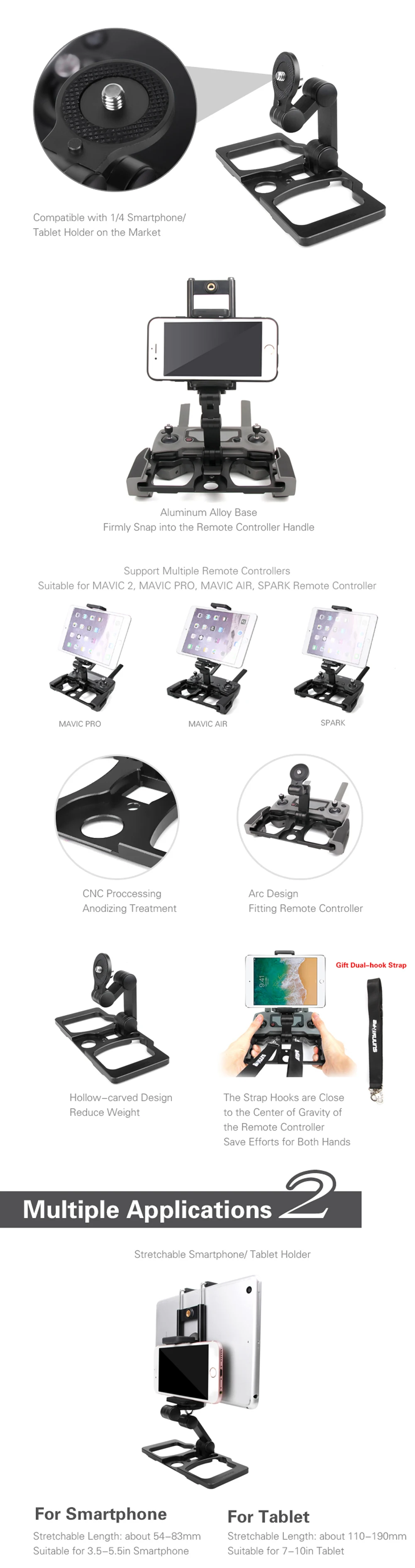 DJI Mavic 2 Pro/Zoom пульт дистанционного управления зажим для планшета алюминиевый сплав кронштейн складной держатель для телефона и кристаллического монитора аксессуары