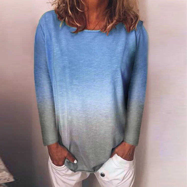 02 Long Sleeve Blue Viensta, 29 цветов, модная, градиентная, цветная, с принтом, блузка, рубашка, для женщин, плюс размер, Круглый ворот, летние топы, новинка, короткий рукав, Boho Blusas, 5XL - Цвет: 02 Long Sleeve Blue