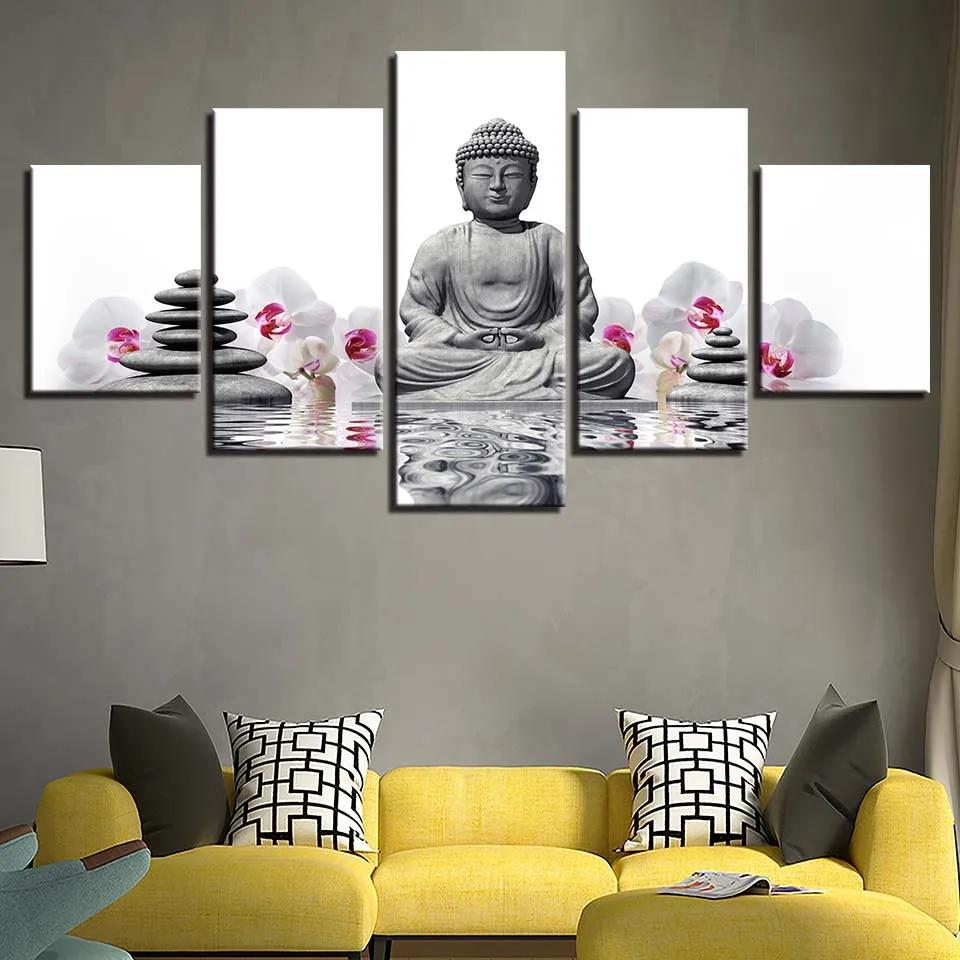 

JIE DO ART anvas картины на стену художественные принты рамка 5 шт. камни статуя Будды картины мотыль плакат с орхидеей комната дом