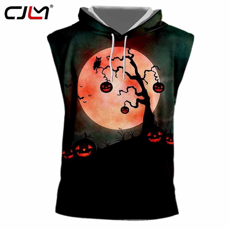 

CJLM Halloween Theme Man Hooded Tank Top Men's Spandex Vest Suppliers 3D Lantern Tree Printed Red Eyed Pumpkin TankTop