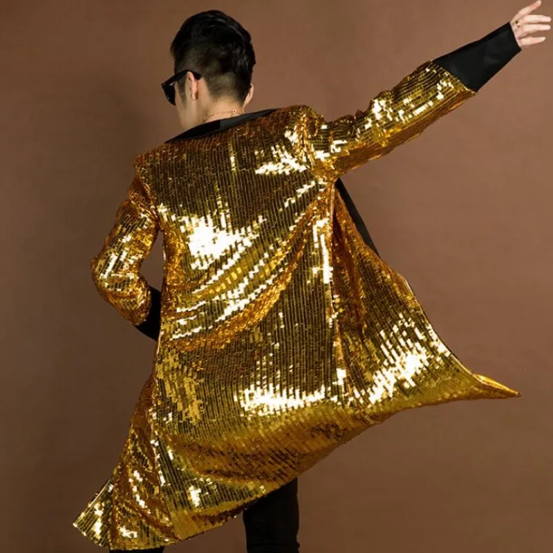 Новый бренд мужской Тренч для шоу певиц звезд ночного клуба золотой с блестками