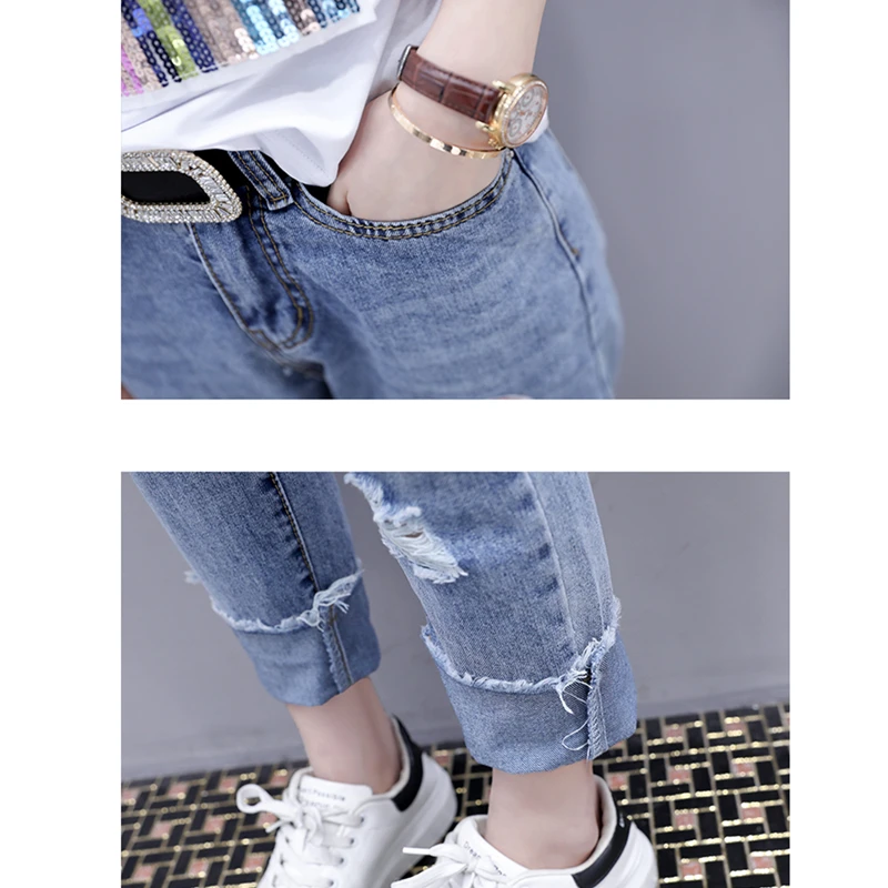Summer New Fashion Two Piece Sets Women T shirt Sequins Short Sleeve Tshirt Tops + Casual Broken Hole Jeans Clothes | Женская одежда