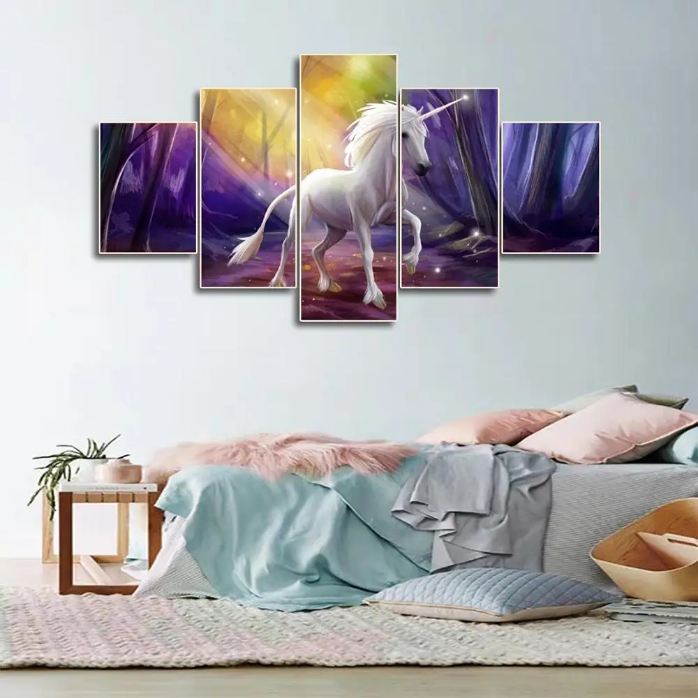

Laeacco Canvas Calligraphy Painting Abstract 5 Panel Unicorn Wall Art Animal Poster and Print Nordic Home Living Room Decoration
