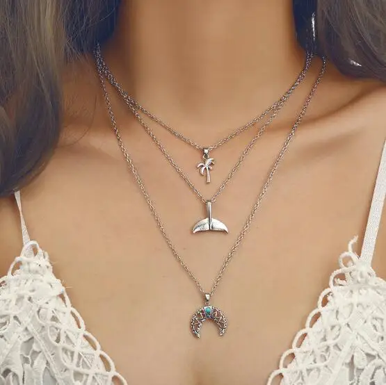 Bohemia Coco Tree Mermaid Moon Pendant Necklaces Multi Layer Silver Chain Chokers Necklace Collar for Women Jewelry | Украшения и