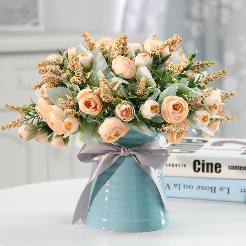 Современная настольная керамическая ваза + Искусственные цветы розы фигурки для