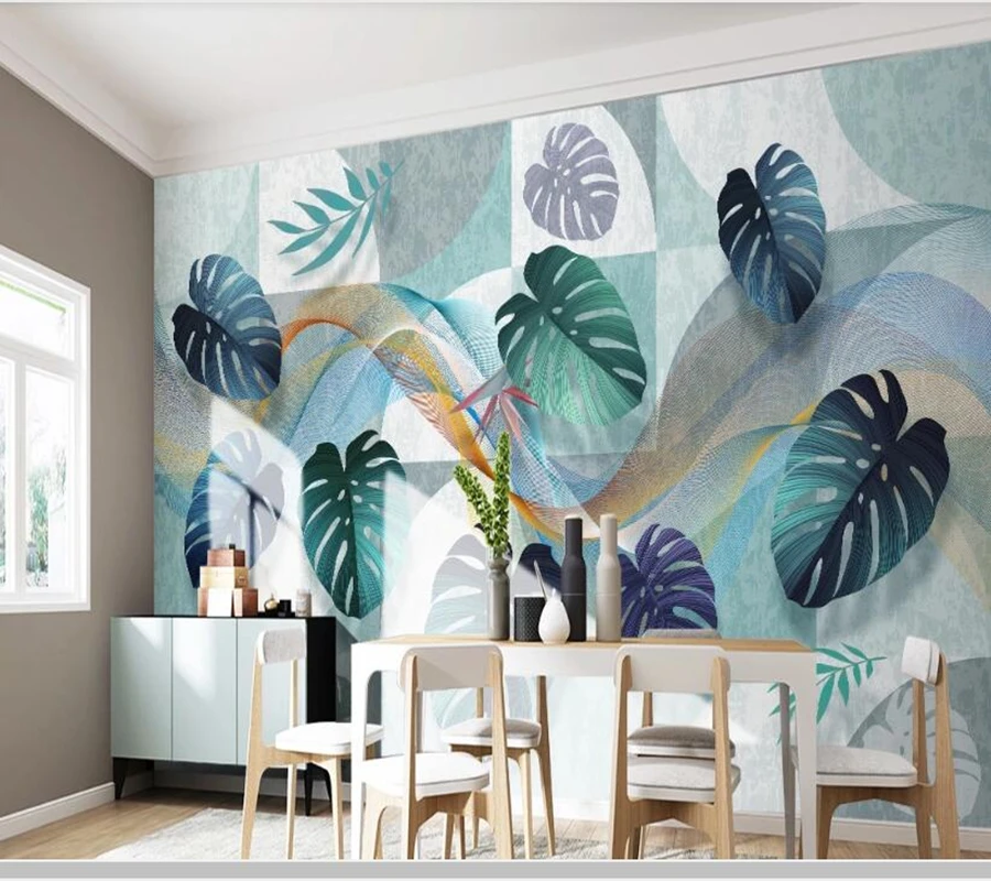 3D-обои с тропическими растениями Современные Геометрические обои листьями для