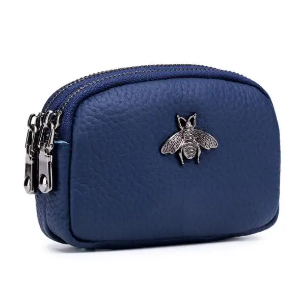 deep blue Кошелек для монет из натуральной кожи, женский маленький кошелек для монет, горячее украшение в виде пчелы, двойная молния, кошелек для мелочи, женский клатч - Цвет: deep blue