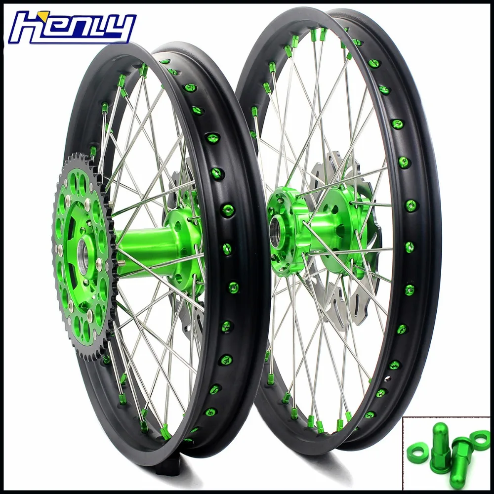 21/19 MX полный мотоцикл колеса диски набор для KAWASAKI KX250F 2006- KX450F 2006- зеленый ниппель Spocket
