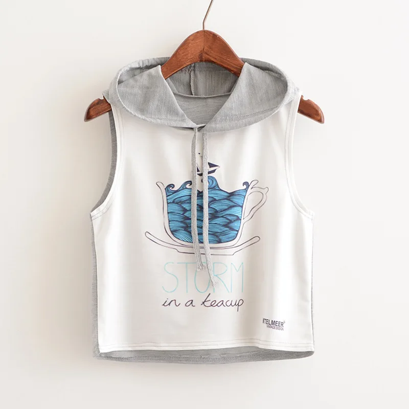 Women's 2019 summer new wind cup in the boat and letter printed hooded fashion short ladies vest T-shirt top tide | Женская одежда