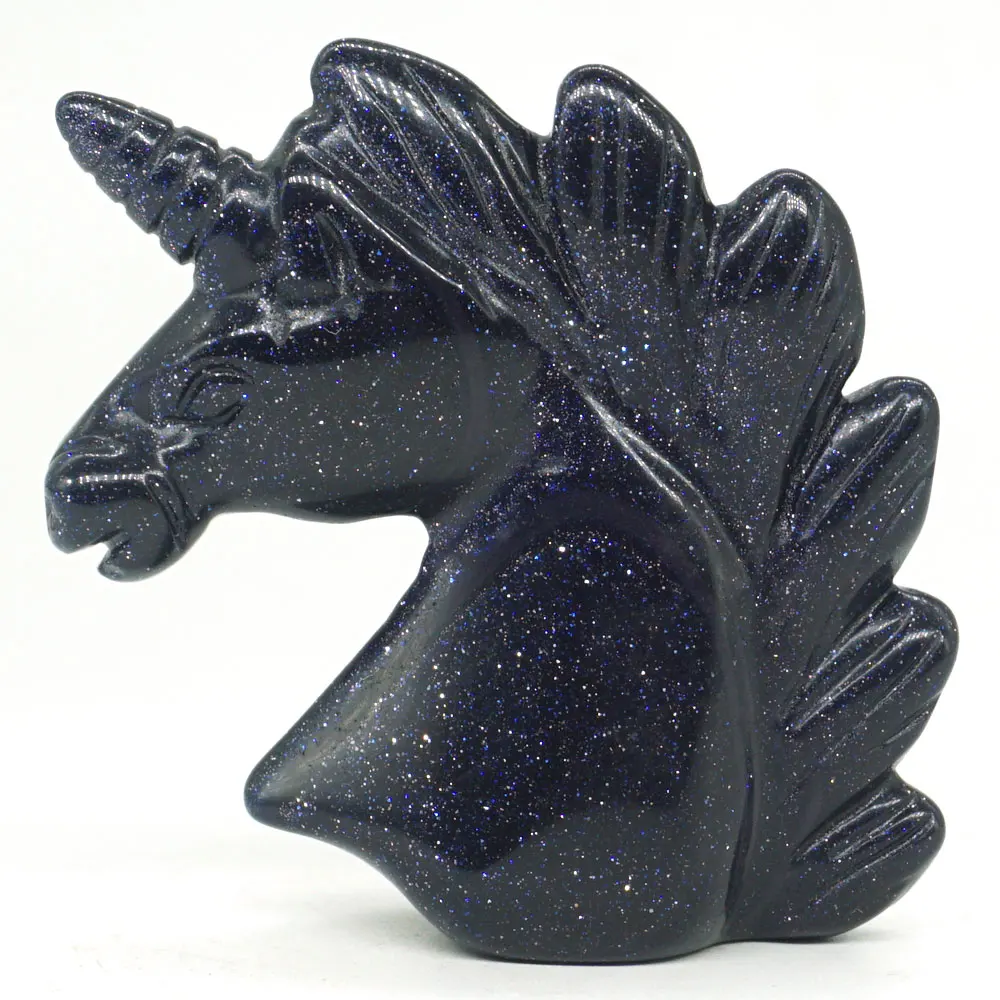 

Unicorn Head Skull FigurineBlue Goldstone Sand Healing Energy Animal Carved Crystal Statue Gemstone Home decor 2"