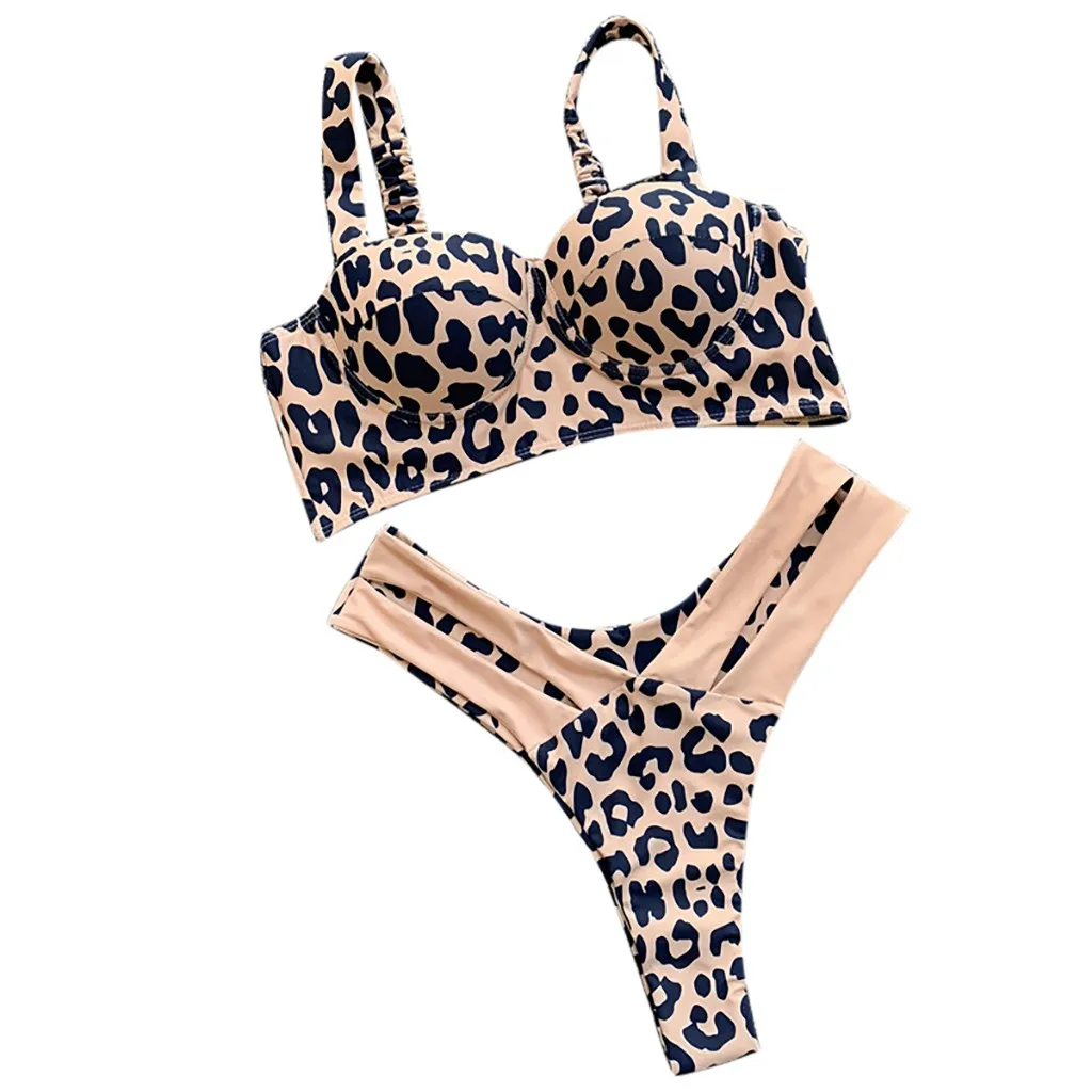 Женский купальник из двух предметов бандажный синий с леопардовым принтом жилет