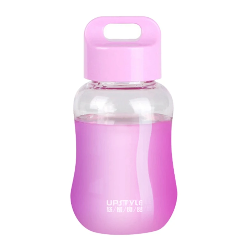 Transparent purple Мультяшные портативные бутылки для воды мини ученики женские милые бутылки для воды пластиковые чашки с веревочной ручкой туристические бутылки лимонный сок чайник - Цвет: Transparent purple