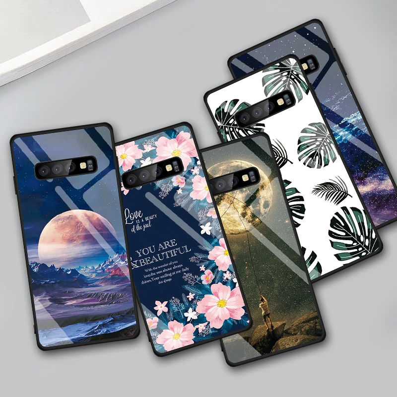 Чехол из закаленного стекла для телефона для Samaung Galaxy S10 S10E S8 S9 Plus Note 8 9 S10+ S9+ чехол с узором TPU цветок милый чехол с мягкими краями
