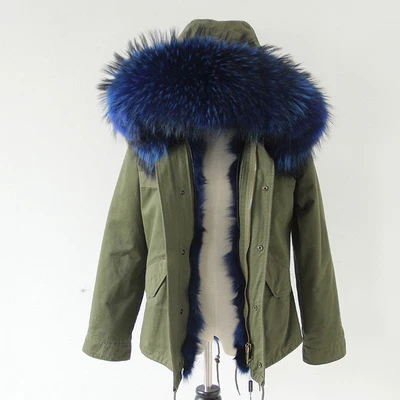 green blue fox fur Зимняя женская куртка, армейская зеленая парка, пальто, настоящий большой воротник из меха енота, подкладка из лисьего меха, верхняя одежда с капюшоном, DHL EMS - Цвет: green blue fox fur