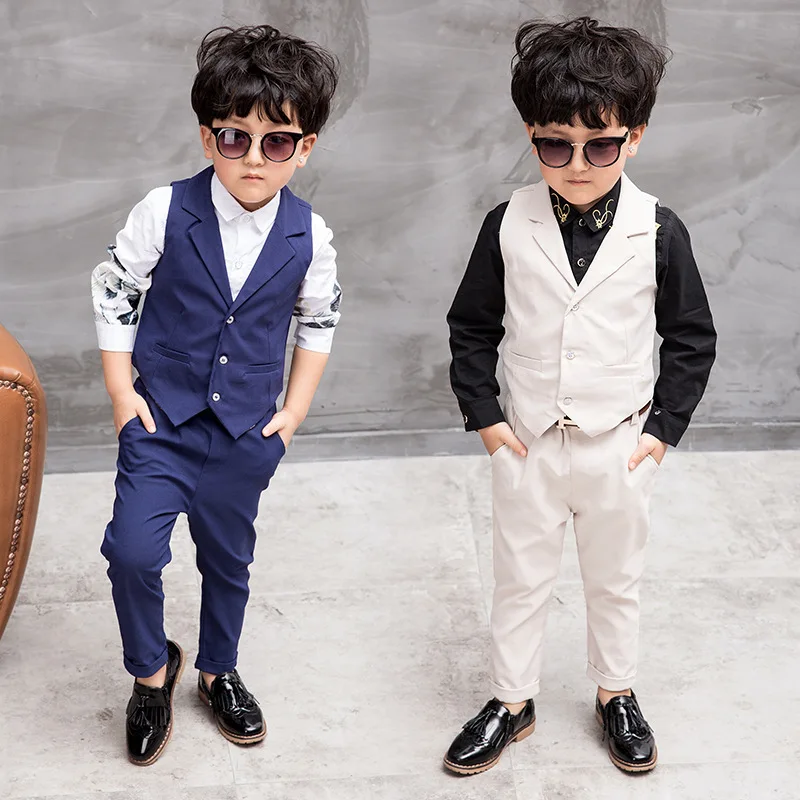

Kids Boys Wedding Suit Formal Boy Blazers 2021 Autumn Baby Vest Pants 2PCS Suit for Party Birthday Wear Cotton Children Clothes