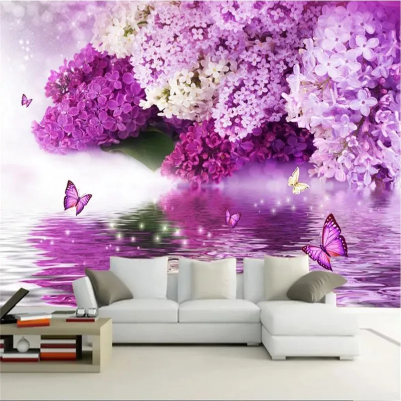 

Custom wallpaper purple flower hydrology reflection butterfly background wall decoration painting waterproof material