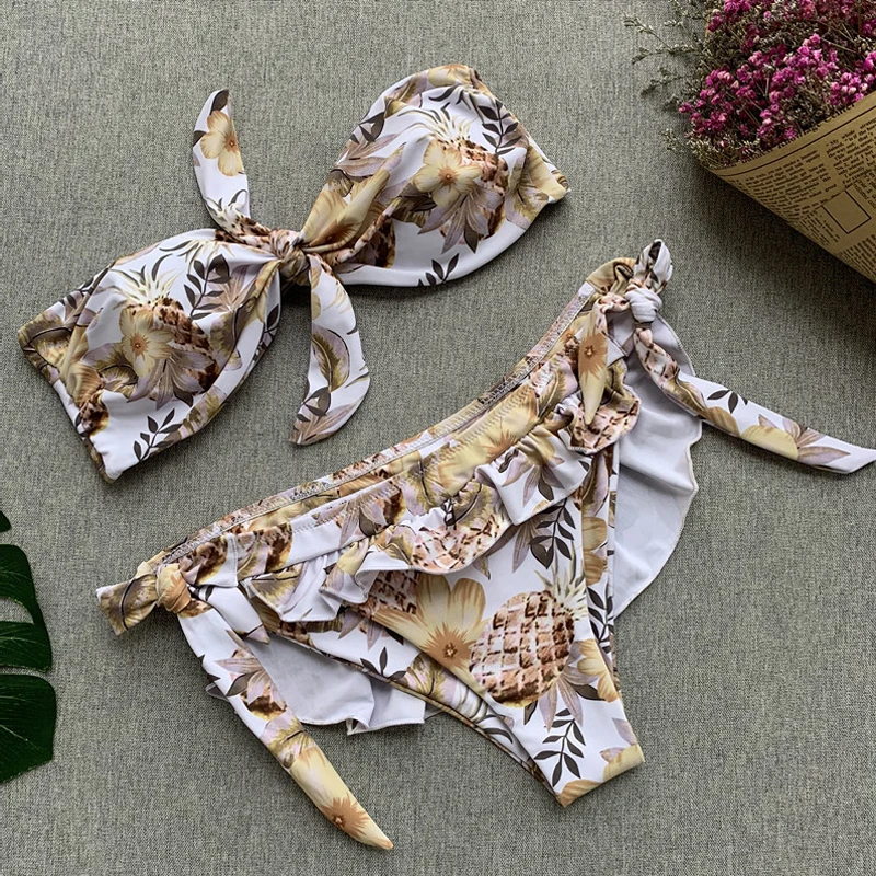Bikinx купальный костюм бандо с узлом, сексуальный купальник с пуш-ап, женский купальный костюм, бикини с принтом и оборками, микро-костюмы из двух частей, Новинка