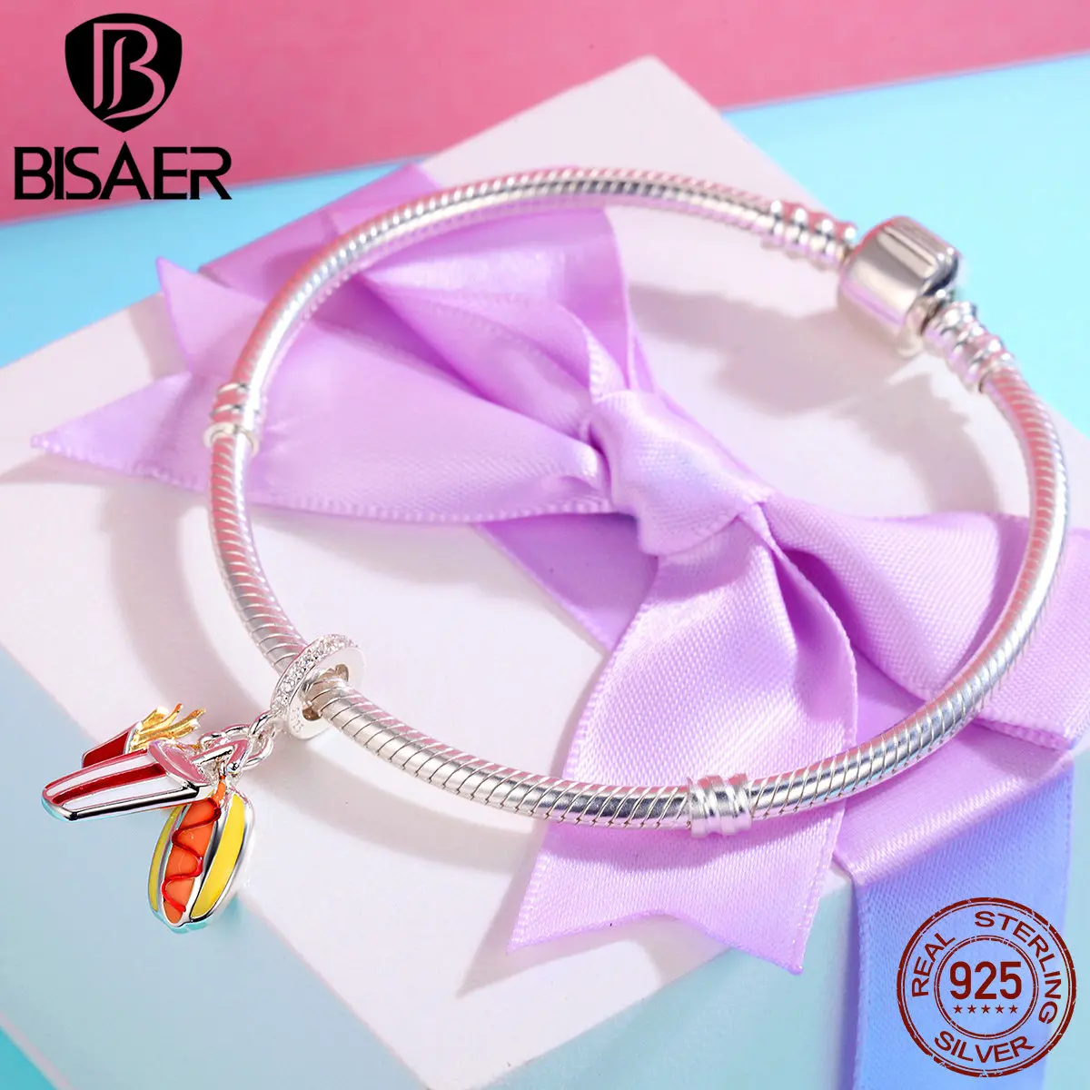 BISAER, 925 пробы, серебро, вкусная еда, Хот дог, попкорн, милые Очаровательные Подвески, оригинальные браслеты и ожерелья ECC347