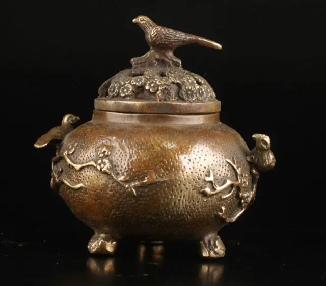 Винтажная Коллекция старый латунный цветок сливы с птицей на крышке курильница |