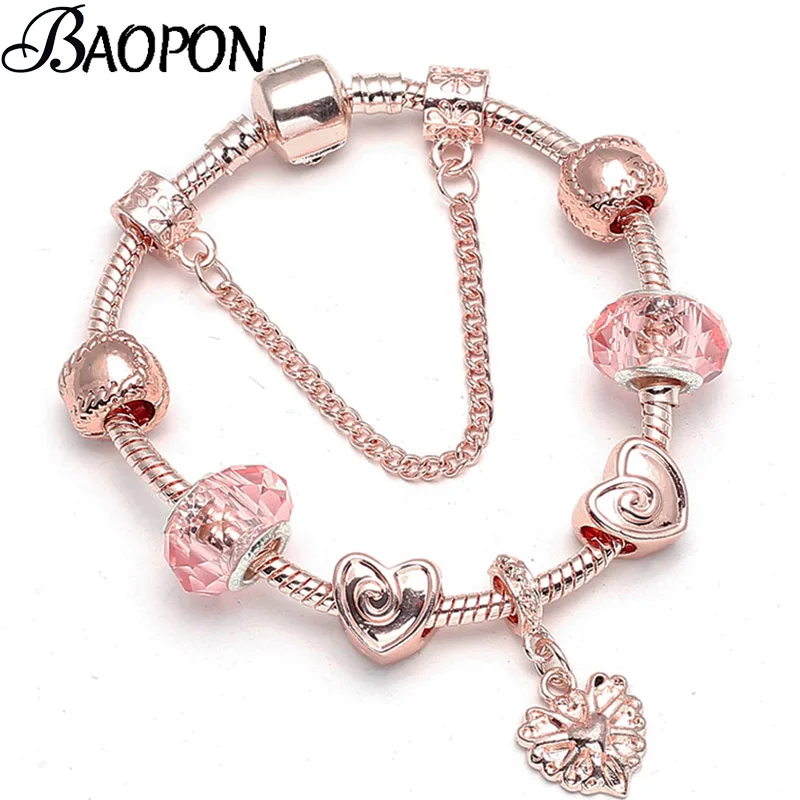 BAOPON аутентичная Посеребренная с эмалью Подвески со стразами браслет для женщин