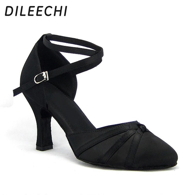 DILEECHI черные атласные туфли для латиноамериканских танцев Женская Обувь бальных