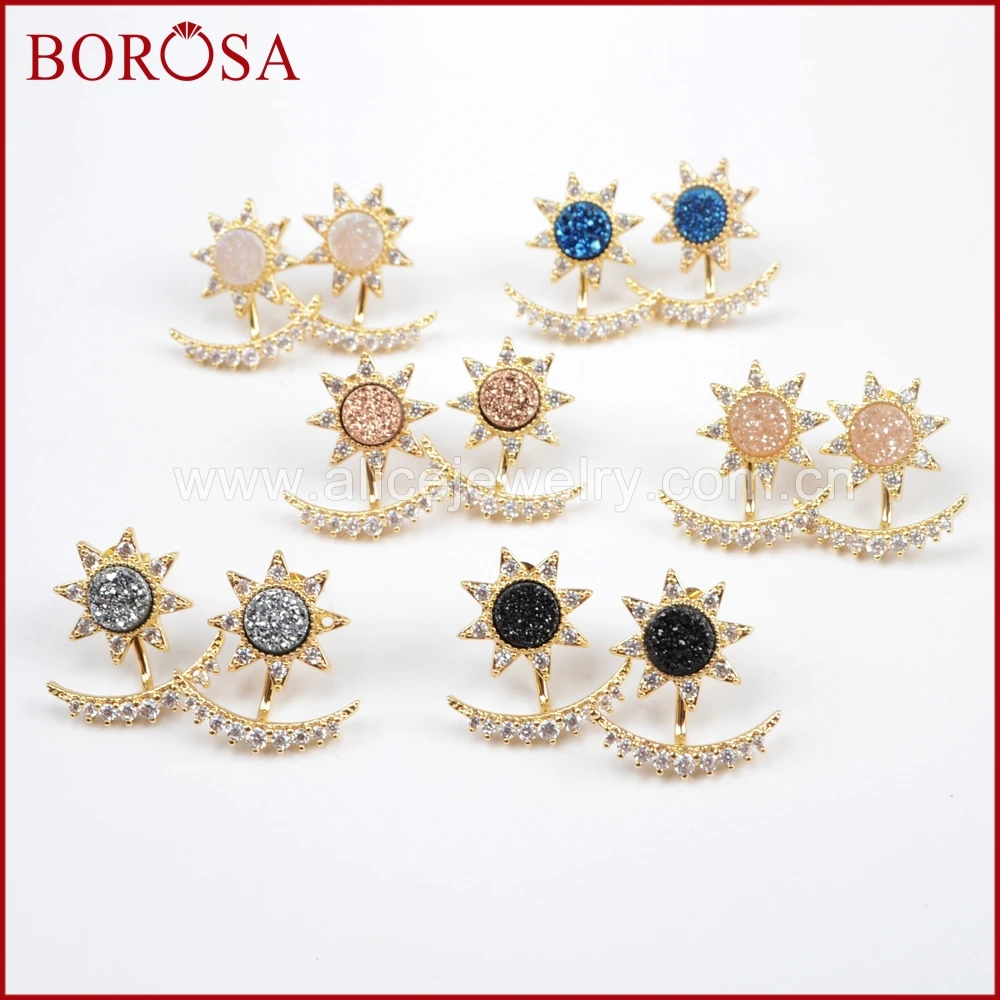 

BOROSA 5Pairs Crescent Star Drusy Studs Gold Plated Micro Pave Crystal Stars Moon Stud Mutli-Colors Druzy Earrings ZG0248