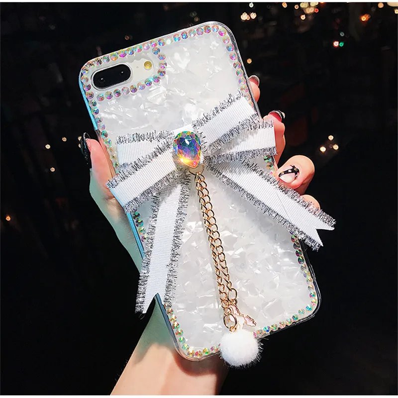 Тесьма со стразами и бантом Модный чехол для samsung S10 S10Plus S10E S9 plus S8 Plus S7 Note 8 9 J7 Prime Stone Telefon Kilifi Funda - Цвет: White