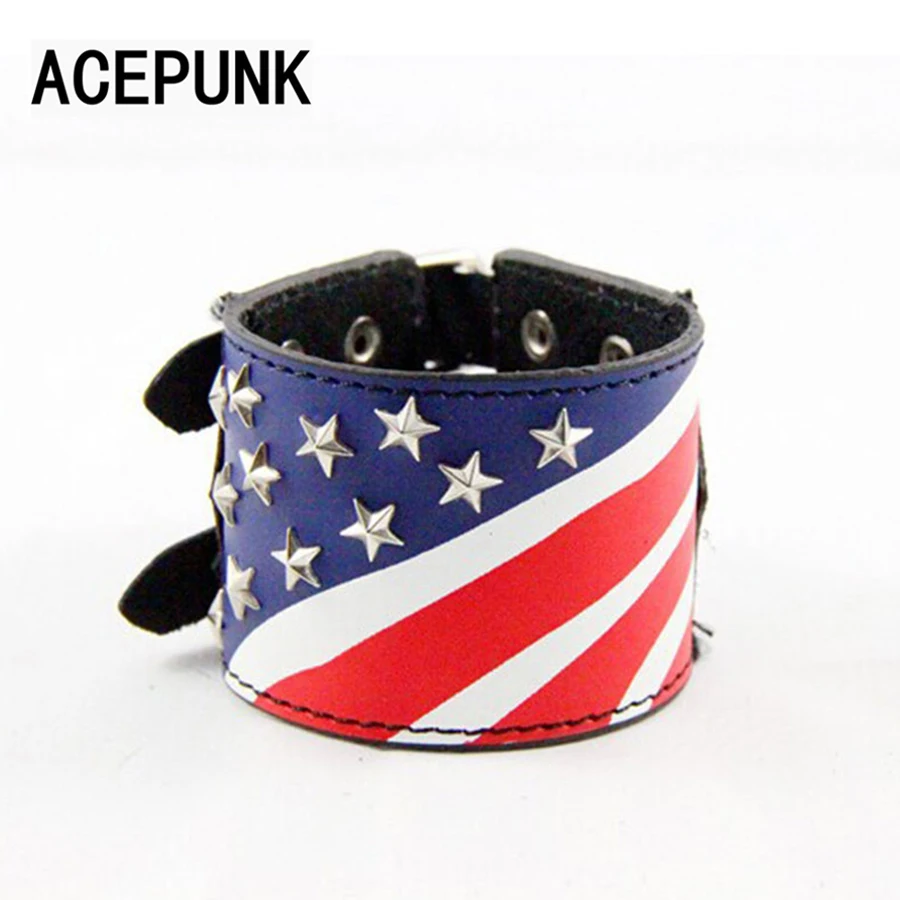 Кожаный браслет в стиле панк с американским флагом широкий кожаной пряжкой и