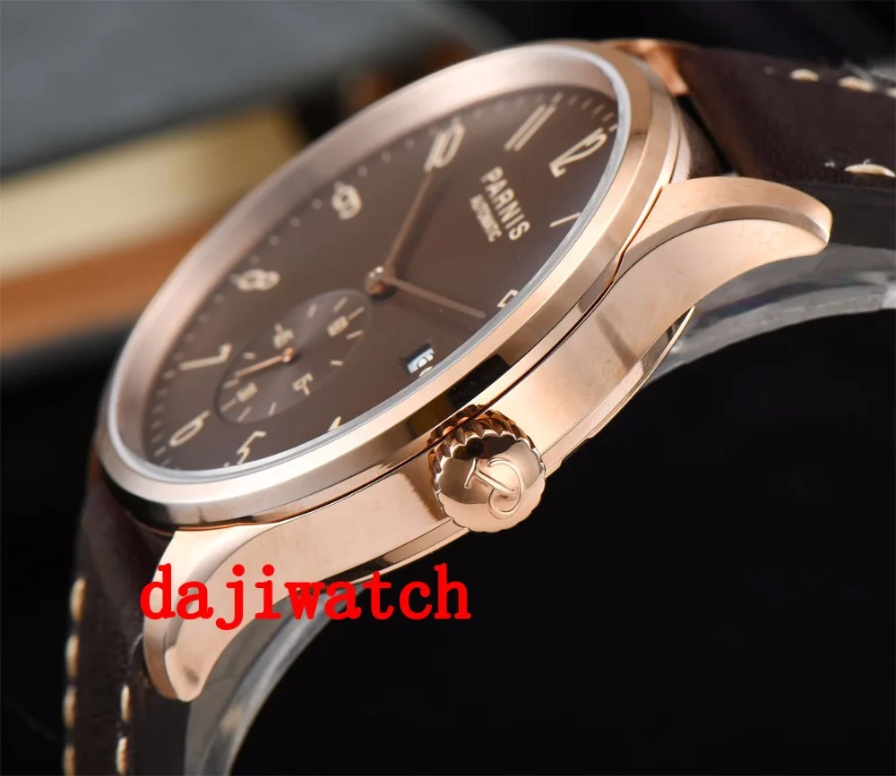 Parnis 42 мм часы из розового золота с календарем механические Автоматические